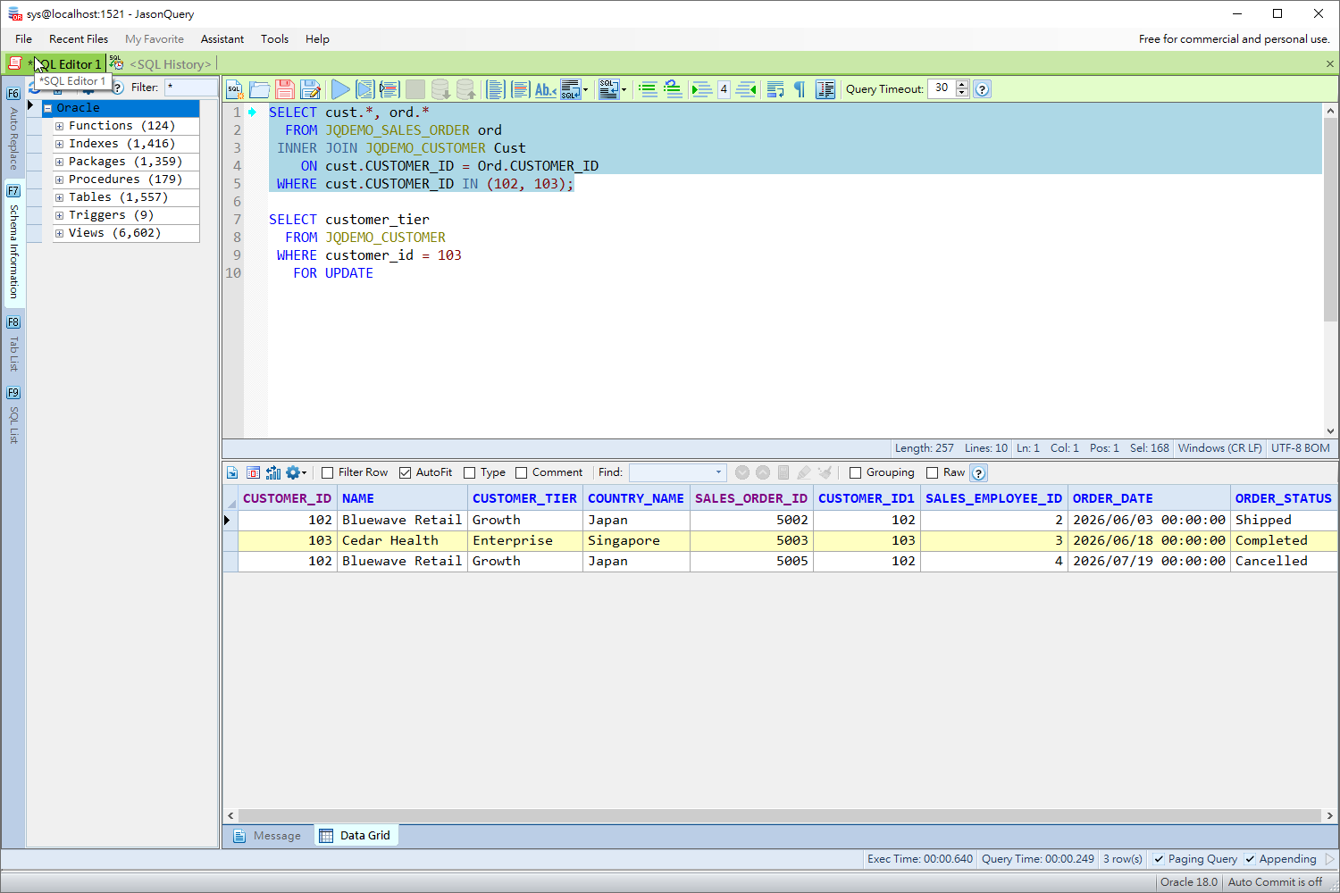 JasonQuery main window showing Schema Browser, SQL editor, and query results